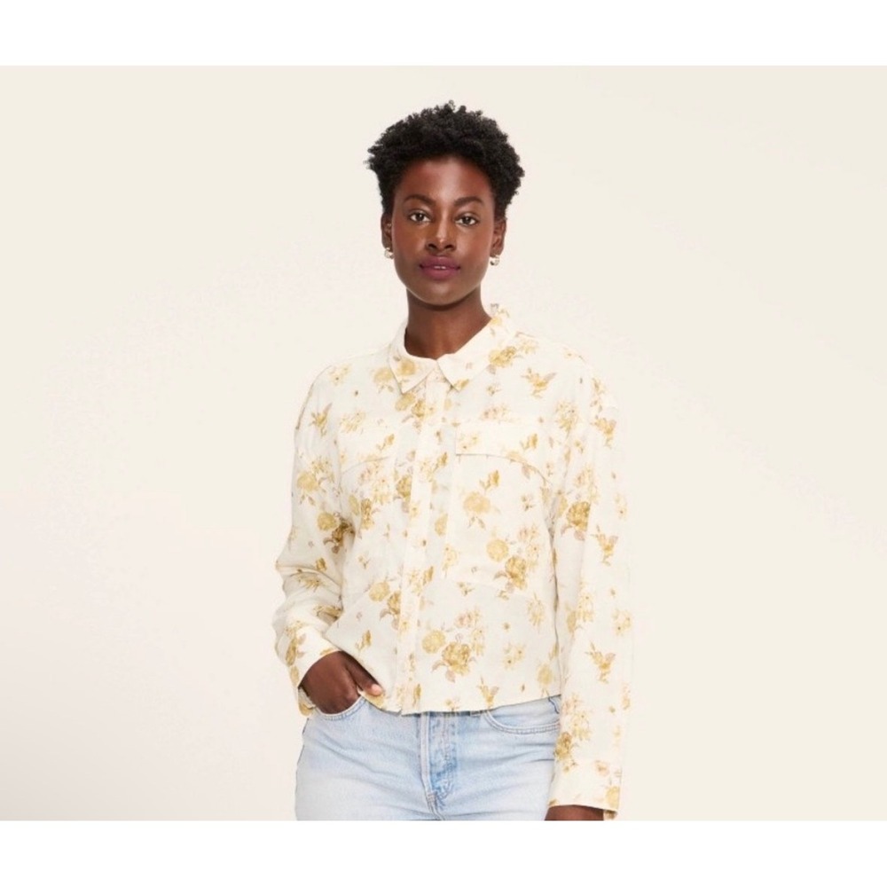 Woolrich X Target‎ Floral Cropped Button Down Shirt Cream Yellow Lyocell Size M